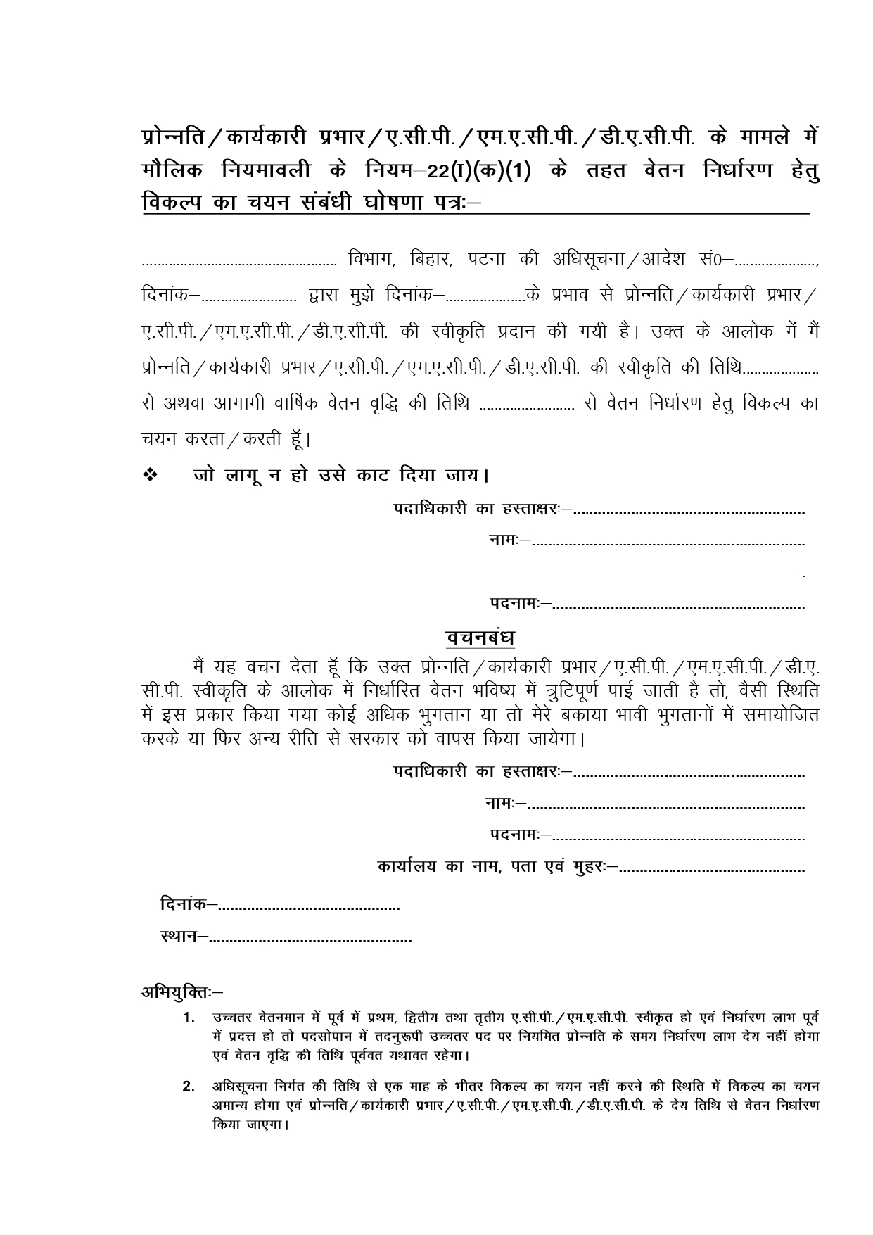 Option Form Under FR Rule 22(1)